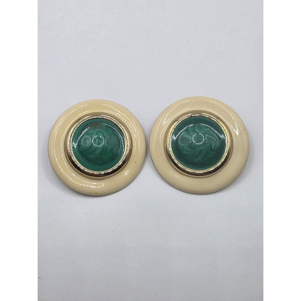 Vintage Boho Cream/Green W/ Gold Trim Round Enamel Metal Pierced Earrings 1 1/2"